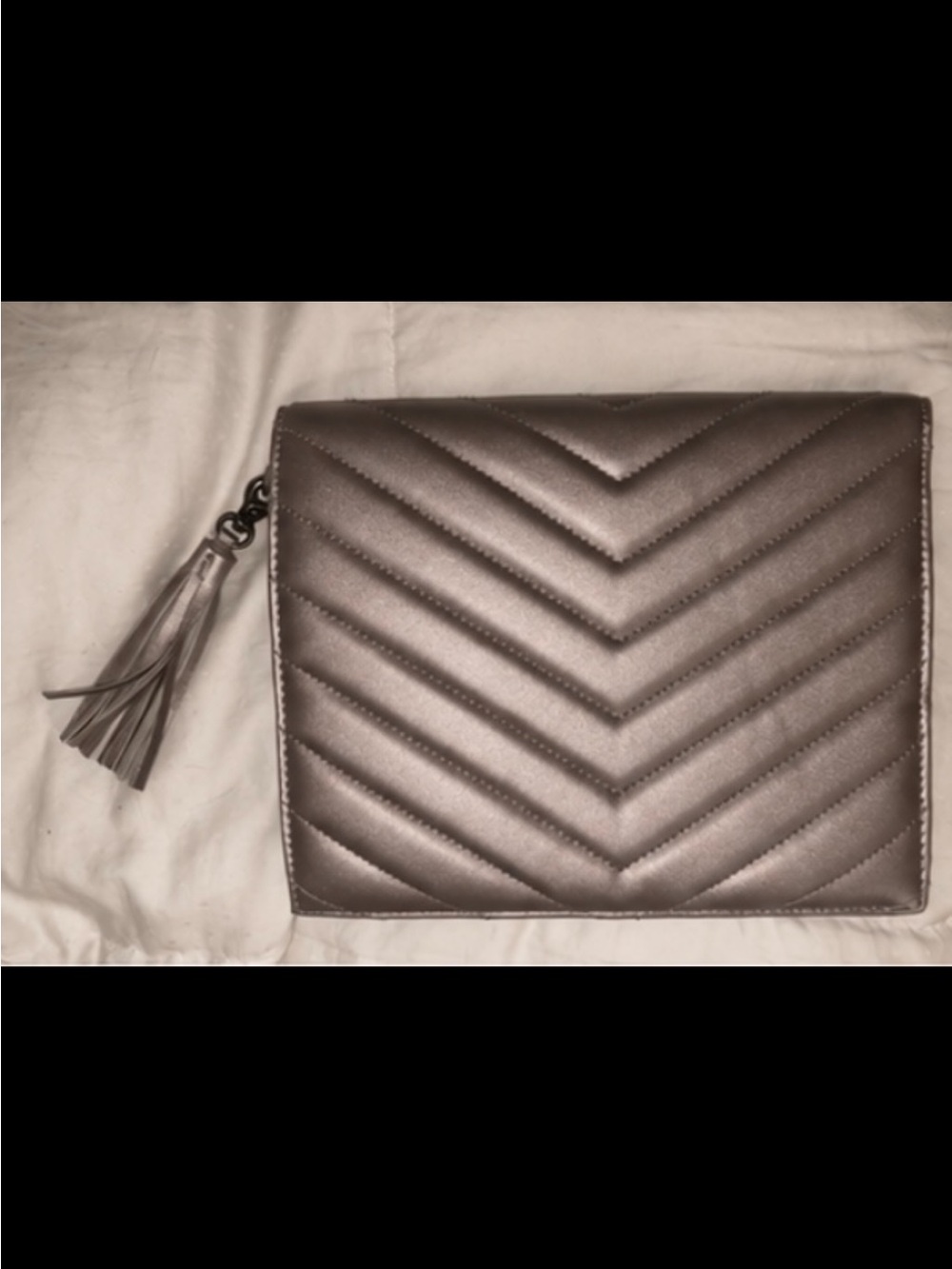 Neiman Marcus Quilted Chevron Tassel Wristlet Clutch - Taupe/Mauve Gray Gold - Picture 2 of 4